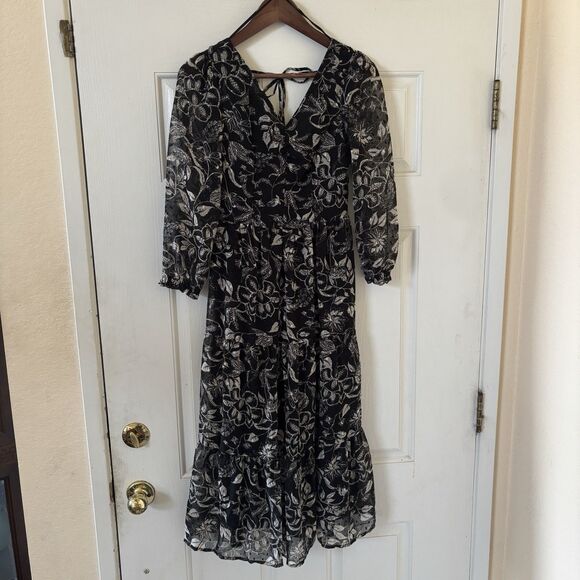 Dark Romantic Bohemian Womens Tiered Midi Dress Black S Floral‎ Indie Concert - Picture 2 of 14